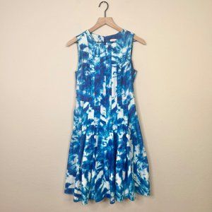Calvin Klein Sleeveless Blue White Pleated Tie Dye Watercolor Dress Size 6